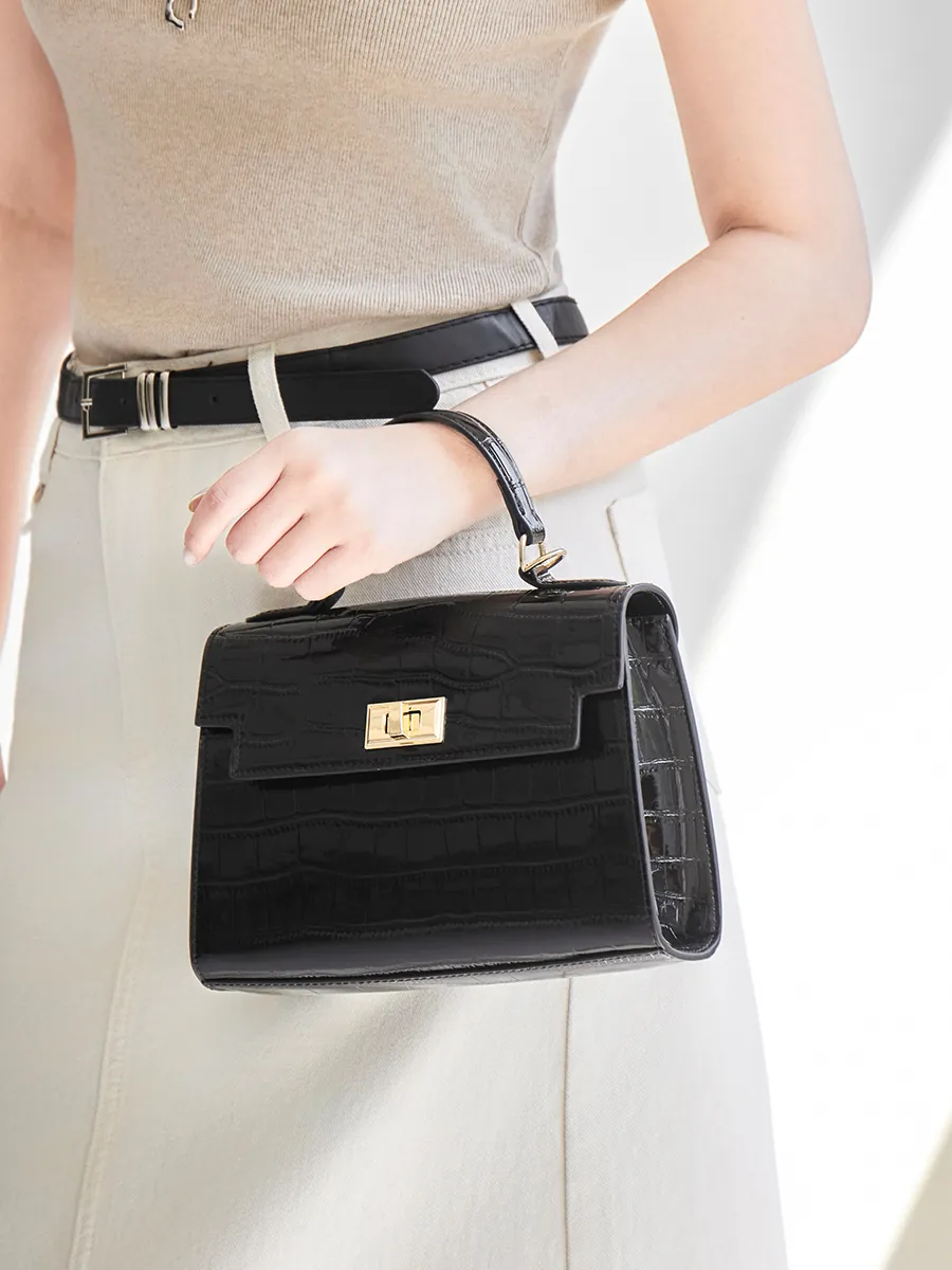 Cartera Trapecio de cuero vacuno, color negro