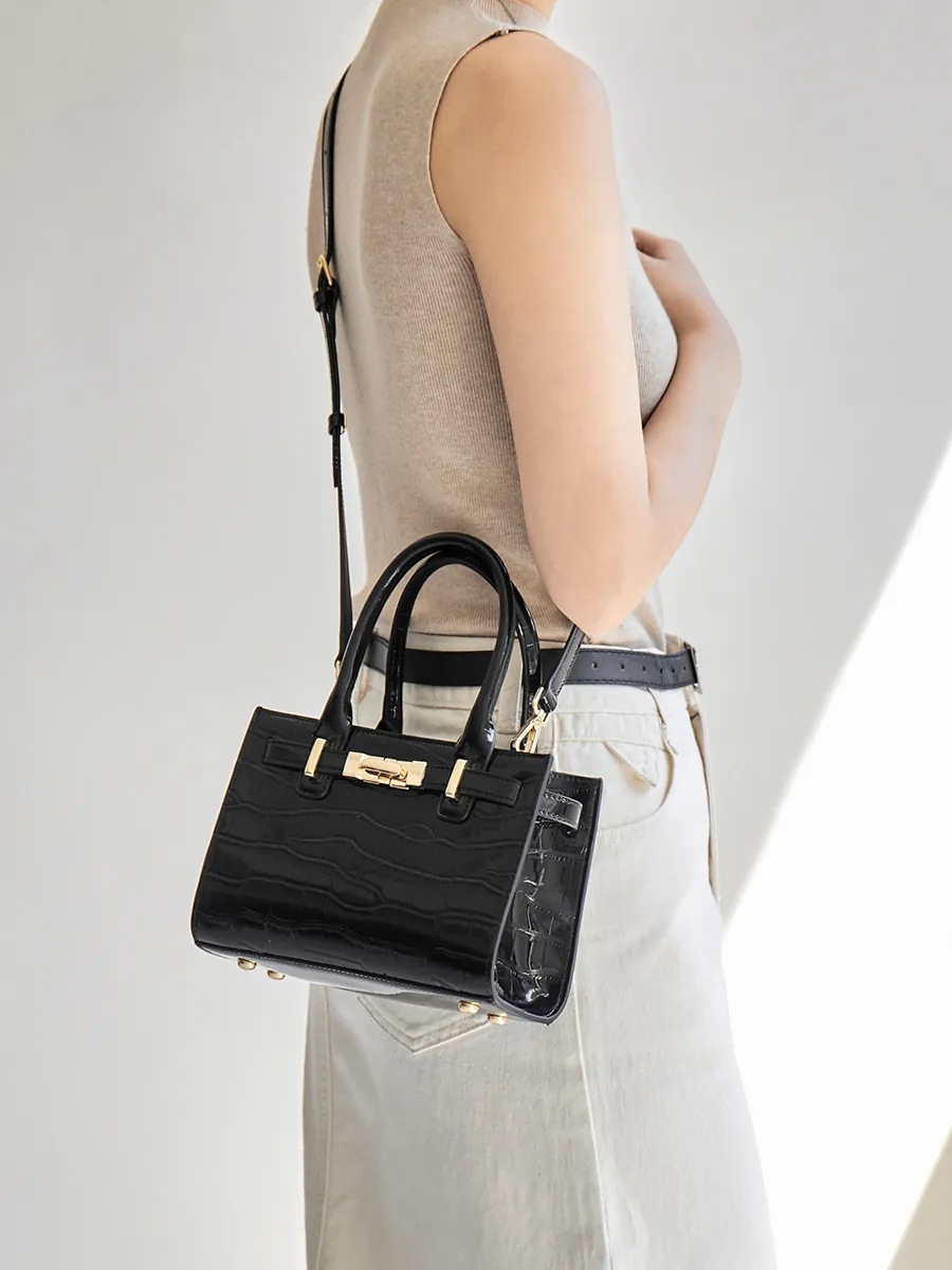 Cartera Ébano de cuero vacuno grabado efecto cocodrilo, color negro